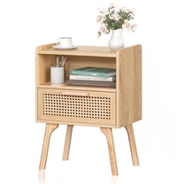 Rattan Nightstand, Boho Bedside Table Large Night Table with Drawer and Storage Shelf, Farmhouse End Side Table for Bedroom, Living Room 22.87" Tall, Natural Wood