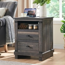 OKD Farmhouse 18" Nightstand with Charging Station, Rustic Metal Wood End Tables with Adjustable Shelves, Side Tables，Dark Rustic Oak