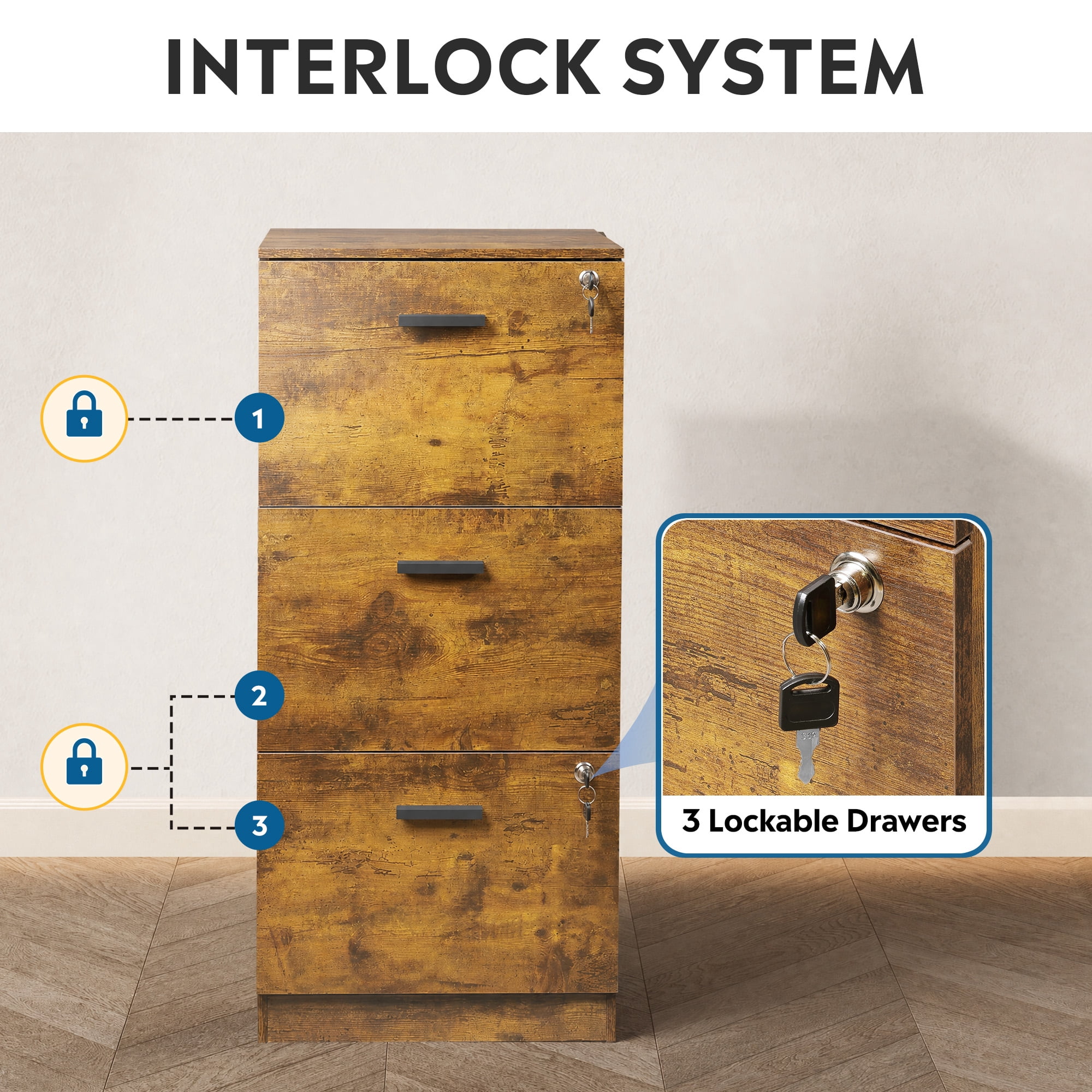GALAXHERO 3 Drawers File Cabinets, Wood Vertical Filing Cabinet with Lock for Home Office, Letter/A4 Size, Rustic Brown
