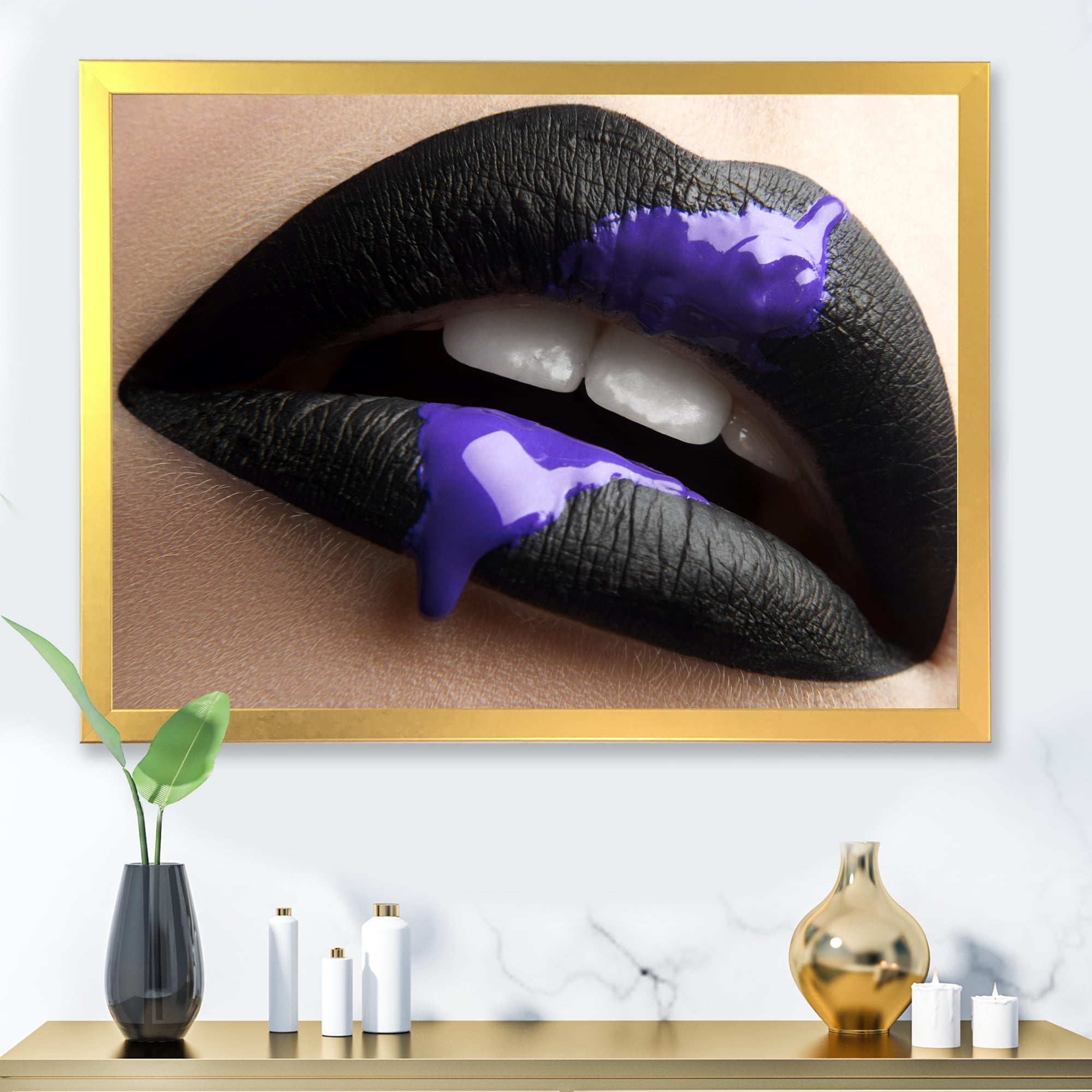Designart 'Woman Lips With Black Lipstick & Purple Paint' Modern Framed Art Print
