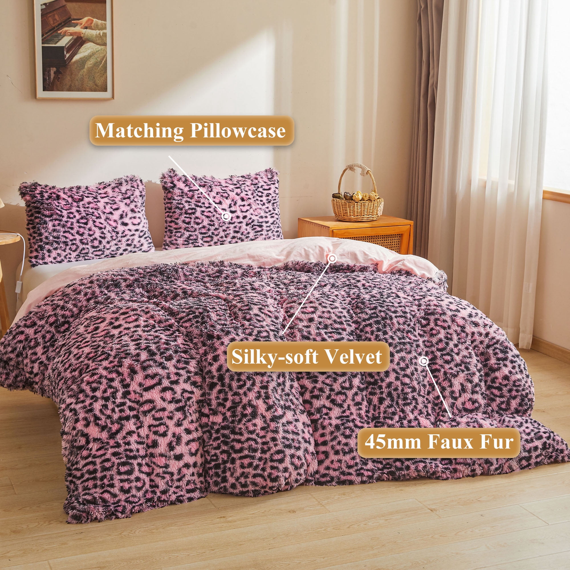 XeGe Cheetah Print Fluffy Faux Fur Duvet Cover Set, 3 Pieces Soft Plush Fuzzy Bedding Set(1 Faux Fur Leopard Print Comforter Cover + 2 Furry Pillow Cases), Zipper Closure(King, Black and Pink)
