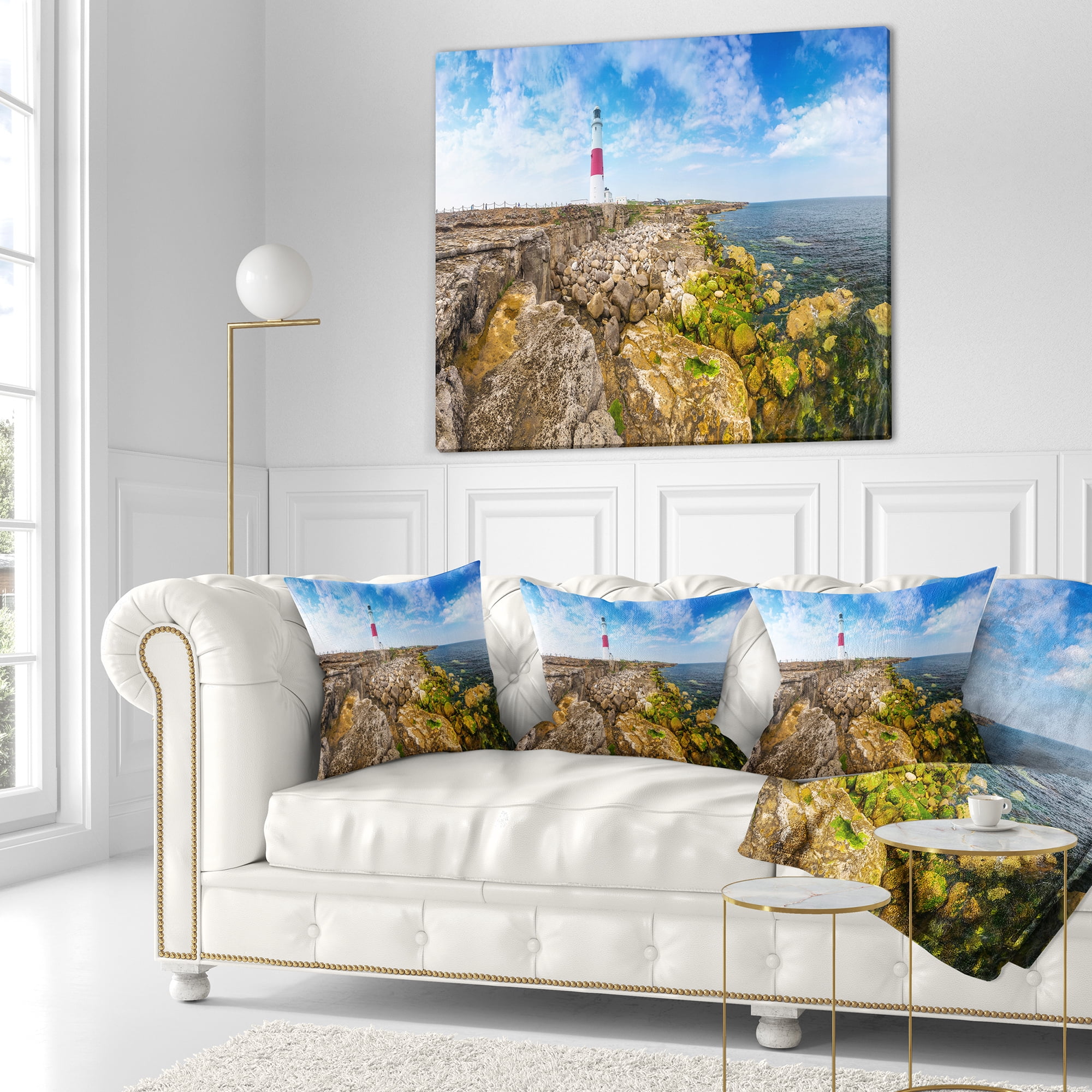 Designart Portland Bill Lighthouse - Landscape Printed Throw Pillow - 18x18