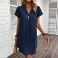 thumbnail image 2 of Fartey Cotton Linen Dresses for Women Casual Button V Neck Short Sleeve Mini Dress Fashion Solid Color Beach Sundress Navy L, 2 of 8