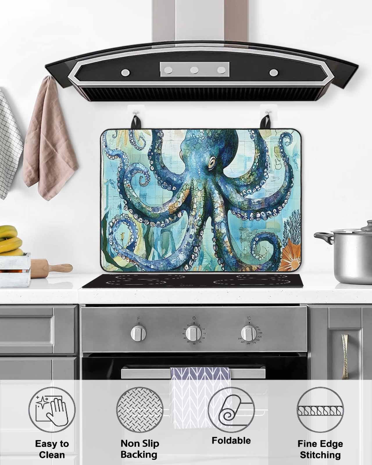 nqOlkjepod Large Induction Cooktop Protector Mat 36"x21", Ocean Blue Octopus Stove Top Covers for Electric Stove, Summer Watercolor Vintage Coral Stove Burner Cover Mats, Glass Top Stove Cover