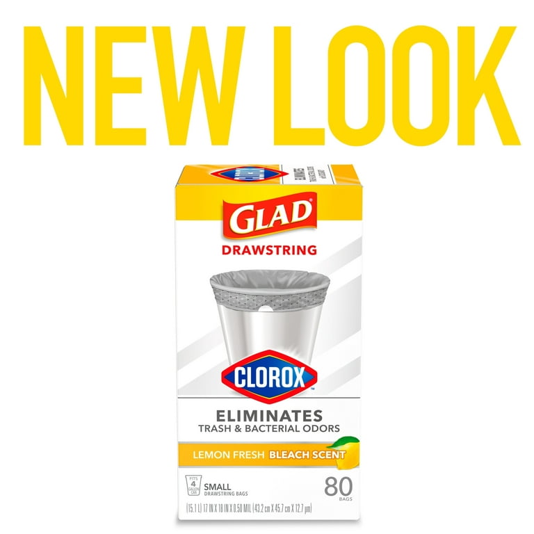 Glad Small Drawstring Trash Bag with Clorox, 4 Gal Lemon Fresh Bleach Scent  80 Ct (Package May Vary)