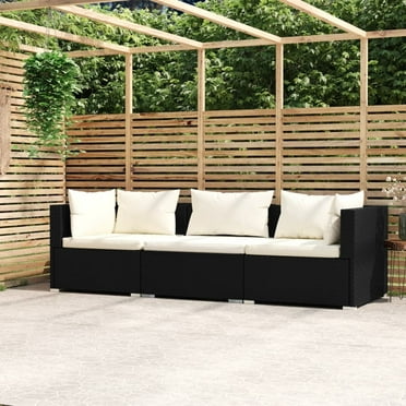 vidaXL Wicker Patio Furniture 3 Piece with Cushions Black Poly Rattan