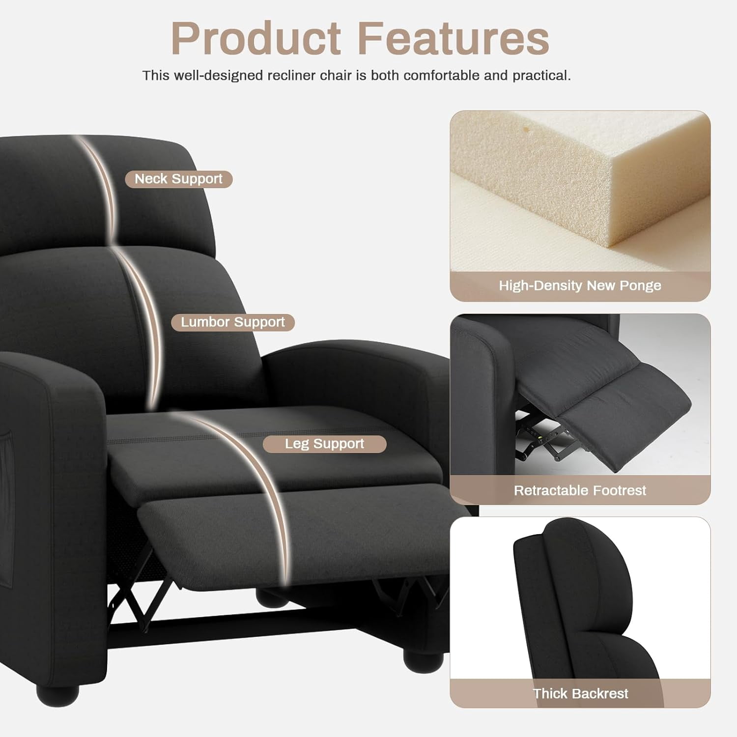 LAZY BUDDY 3 in 1 Adjustable Recliner Chair, Fabric Recliner Sofa for Adults with Side Pocket, Home Theater Seating with Lumbar Support & Backrest for Living Room