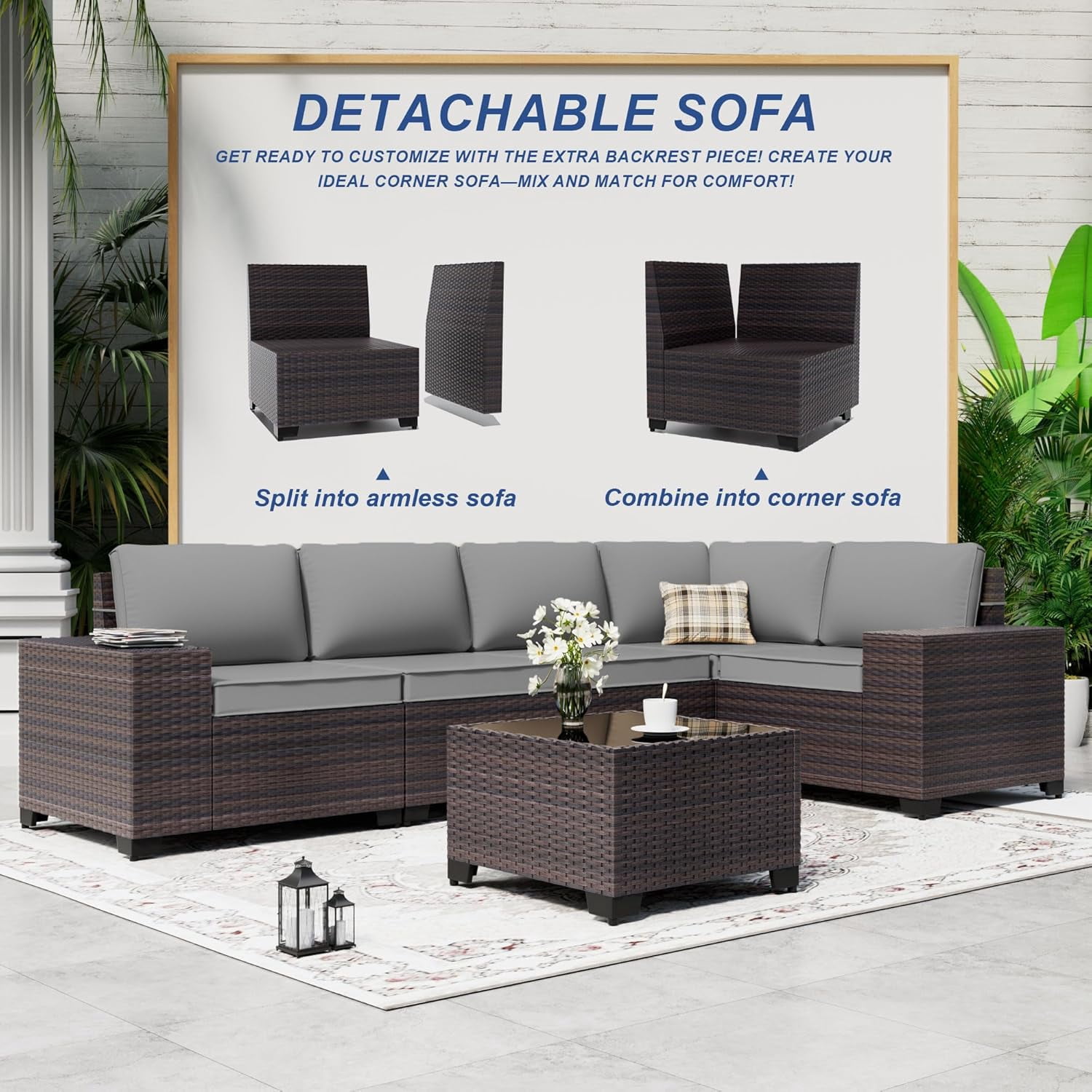 ASJMR 7 Pieces Wicker Patio Furniture Set With Gas Fire Pit Table,Outdoor Rattan Sectional Sofa Conversation Set With Cushions & Coffee Table,Gray