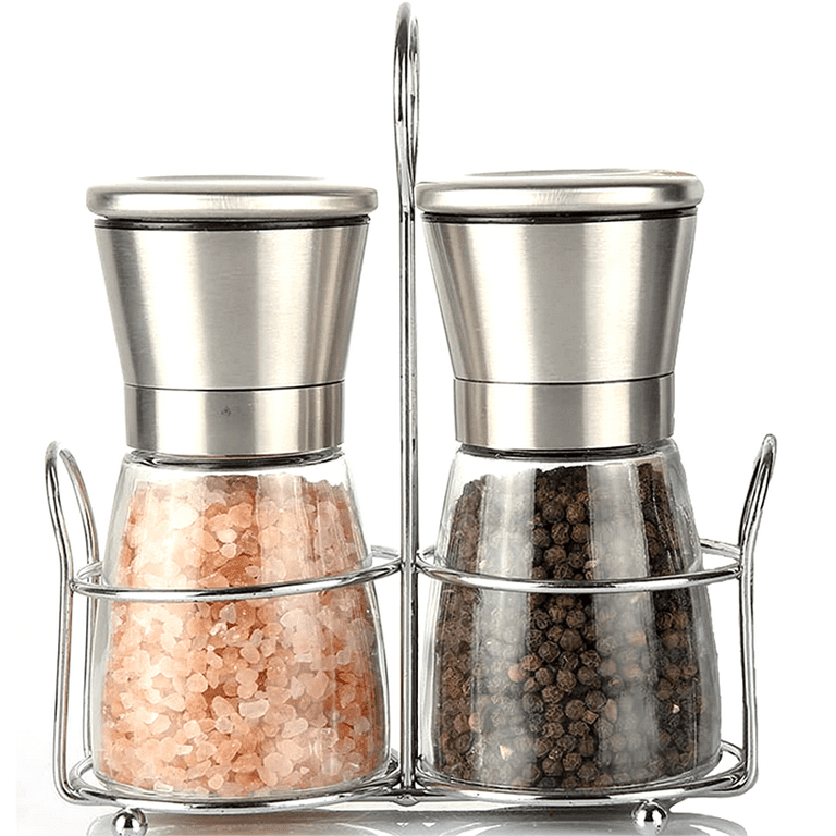 Vzaahu Stainless Steel Salt and Pepper Grinder Set of 2 With Holder,  Adjustable Coarseness Ceramic Grinder Refillable Mill Set for Home BBQ  Kitchen