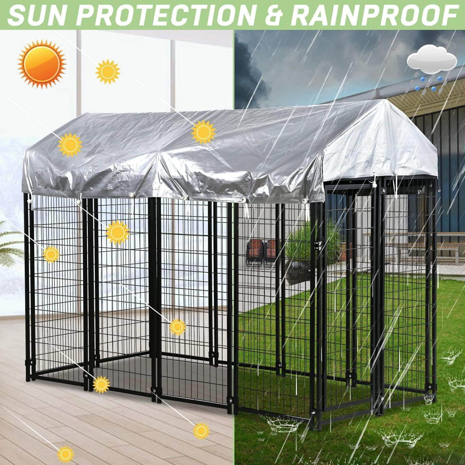 NiamVelo 8'x4'x6' Large Dog Kennel Heavy Duty Playpen Welded Dog Cage with Water-Resistant Cover, Outdoor Dog Fence Crate for Backyard, Black