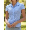 thumbnail image 3 of LMLYSoH Women's Button Down Collared Shirts Cap Sleeve V Neck Striped Print Slim Fit Tops Summer Shirts, 3 of 9