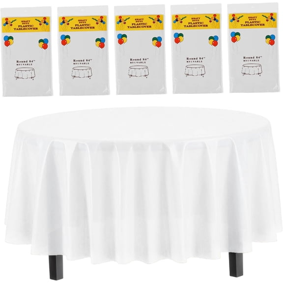 Round Disposable Tablecloth 5 PCS, 84 Inch Plastic Tablecloth Disposable, Thick Waterproof White Table Cloth for Party Bar Home