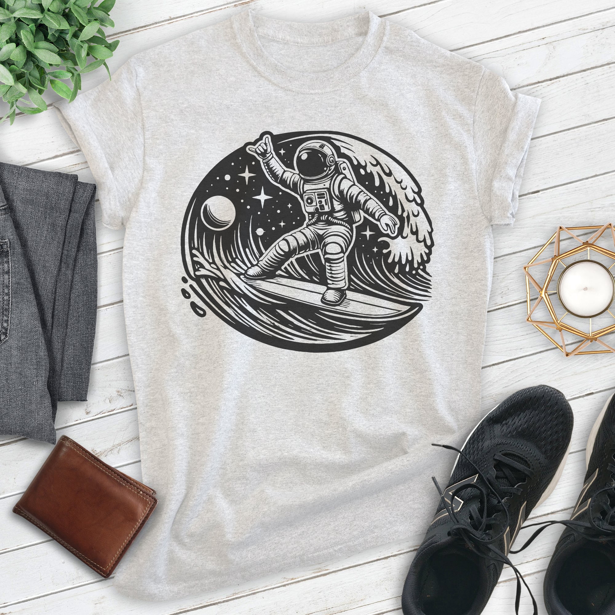 Astronaut Surfing T-shirt, Unisex Women's Men's Shirt, Astronaut Outer Space Surfer Cosmic, Heather Ash, 3X-Large