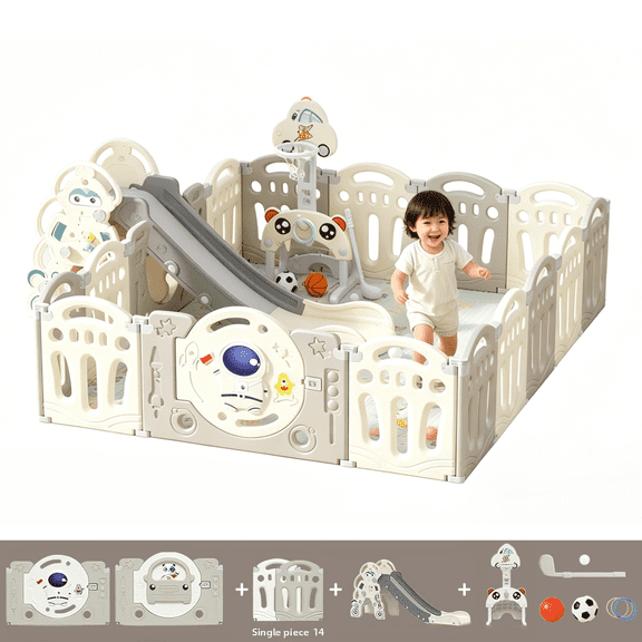 Baby Playpen 14 2 Panels, Foldable Toddler Play Yard with Astronaut Theme Gate, Basketball Hoop ,Play Mat & 100 Ocean Balls, Safety Fence for Indoor Use(Grey/White)