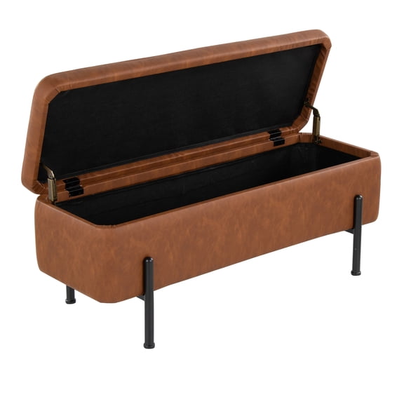 Nmkwnr Upholstered Storage Bench with Steel Legs, Faux Leather Storage Ottoman for Living Room, Bedroom, Camel