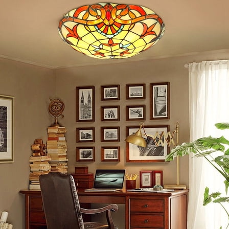Tiffany Ceiling Light Chandelier Flush Mounted Pendant Lamp Stained Glass Shade for Living Room, Bedroom