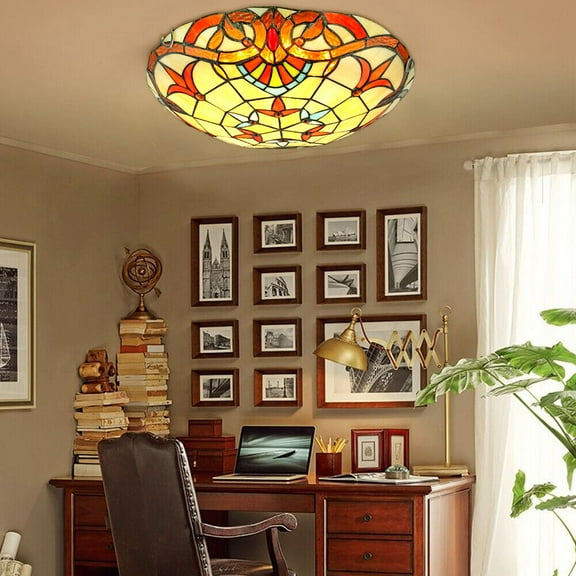 Tiffany Ceiling Light Chandelier Flush Mounted Pendant Lamp Stained Glass Shade for Living Room, Bedroom