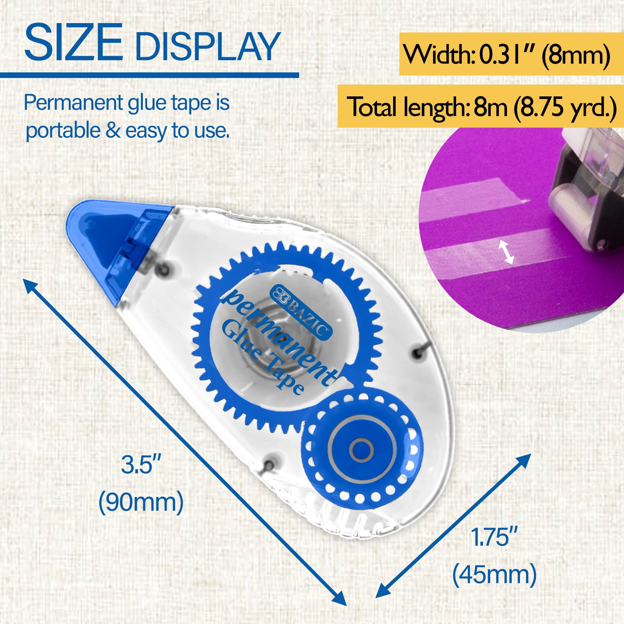 BAZIC Permanent Glue Tape 8 mm x 8.75 Yard, Double Sided Roller Tapes, 24-Pack