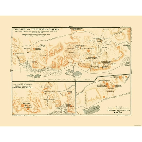 Historic Map - Saqqara Pyramids Egypt - Baedeker 1913 - 29.48 x 23 - Vintage Wall Art