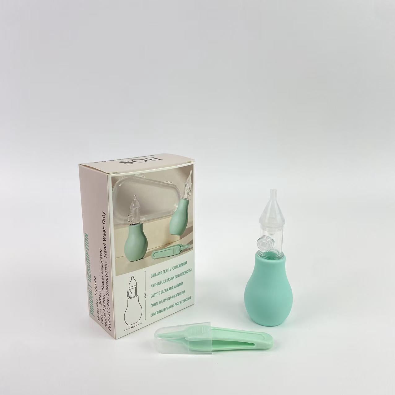 BQS Nasal aspirators,Baby Nasal Aspirator – Manual Baby Nose Cleaner with Soft Silicone Tip, Anti-Backflow, Includes Cleaning Tweezers & Portable Case (Green, One Size)