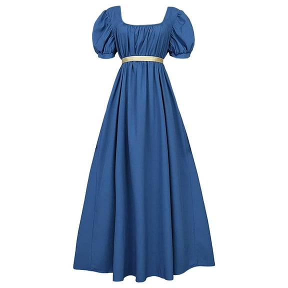 FEIFLY Regency Dresses For Women With Satin Sash Ruffled Puff Sleeve Empire Waist Dress Gown Solid Color Festival Clothing