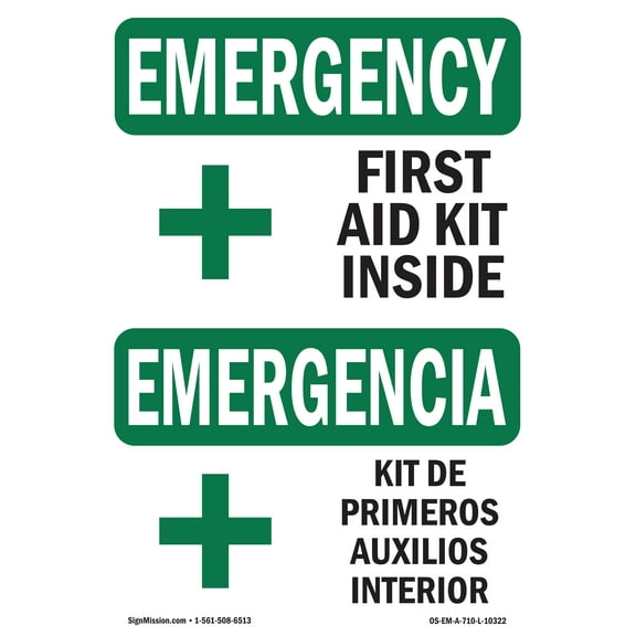 OSHA EMERGENCY Sign - First Aid Kit Inside Bilingual 10" X 7" Rigid Plastic Sign Protect Your Business, Construction Site, Warehouse & Shop Area