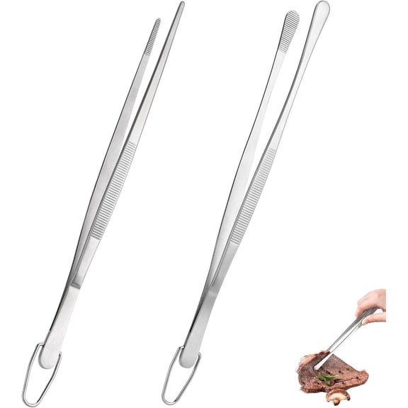 U-Taste 12" Kitchen Cooking Tweezer Set: 18/8 Stainless Steel Food-Grade Metal Food Tong, Flexible Pinching, Seamless-Welding, Sturdy and Non-Slip for Serving, Grilling, Frying (Round & Pointed Tip)