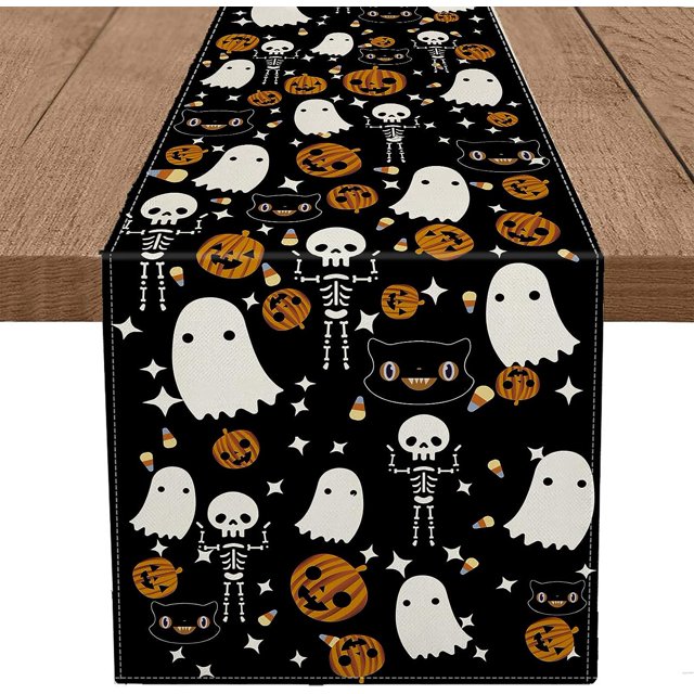Camino de mesa de Halloween, esqueleto fantasma, calabazas espeluznantes, arpillera, corredores de Halloween, casa de vacaciones, cocina, mesa de comedor, fiesta, decoración interior y exterior