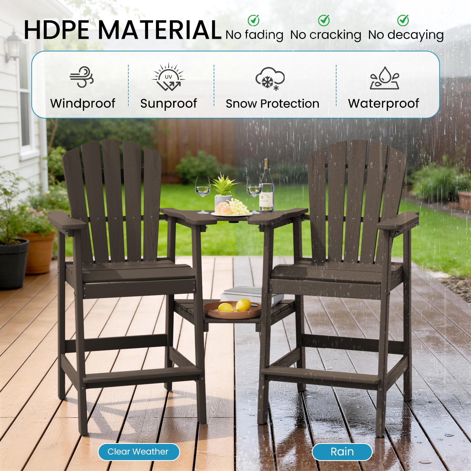 LOYALICE Tall Plastic Adirondack Chair Set of 2 W/ Outdoor Barstools and Connecting Tray, Coffee