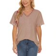thumbnail image 2 of Tops de manga corta para mujer, cuello en V, encaje, patchwork, color puro, blusa, tops para casual, casa, compras, fecha, trabajo, fiesta, caqui L, 2 of 5