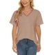 thumbnail image 2 of Tops de manga corta para mujer, cuello en V, encaje, patchwork, color puro, blusa, tops para casual, casa, compras, fecha, trabajo, fiesta, caqui XL, 2 of 5