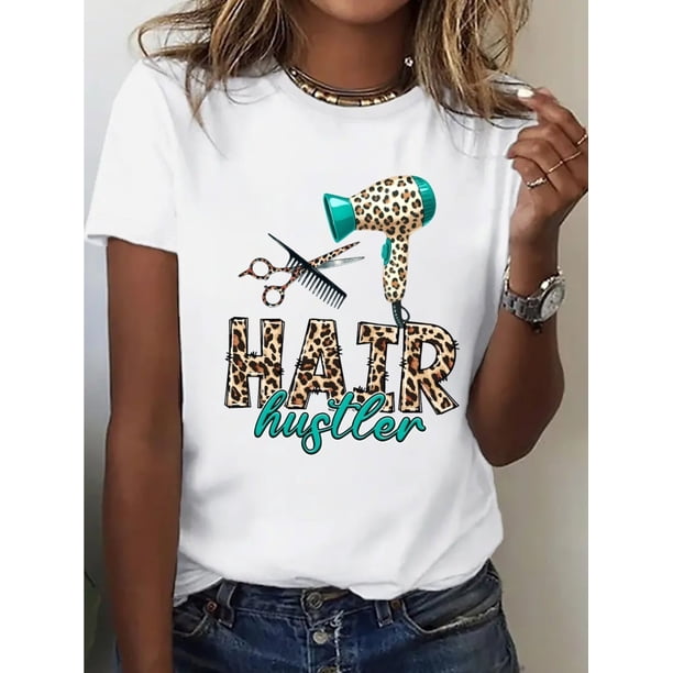 Women's Leopard Print "Hair Hustler" Graphic Tee - Casual Loose Fit T-Shirt with Hair Dryer & Scissors Design, Short Sleeve, Round Neck, Spring/Summer Essential for Home or Outings, Cas