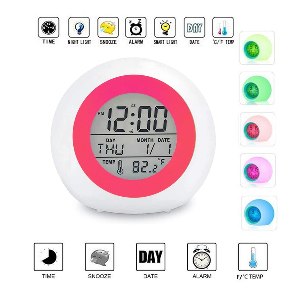 Children Boys and Girls Bedside Batteries Operated Temperature Detect for Toddler 7 Color Night Light Students to Wake up at Bedroom Kids Digital Alarm Clock Snooze Sky Blue