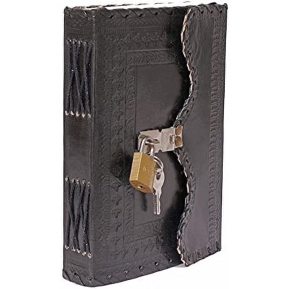 Leather Diary Journal with Lock Notepad Writing Book with Lock & Key Handmade Papers Designed for Home & Office, Vintage Antique Style Organizer Blank Notebook (Black)$$Office