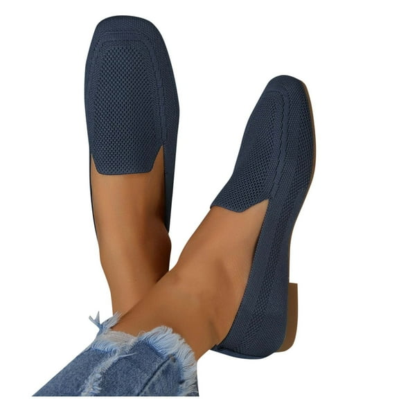 Xfvqtps Womens Square Toe Knit Flats Breathable Flying Woven Slip on Loafers Lightweight Comfortable Casual Shoes Navy