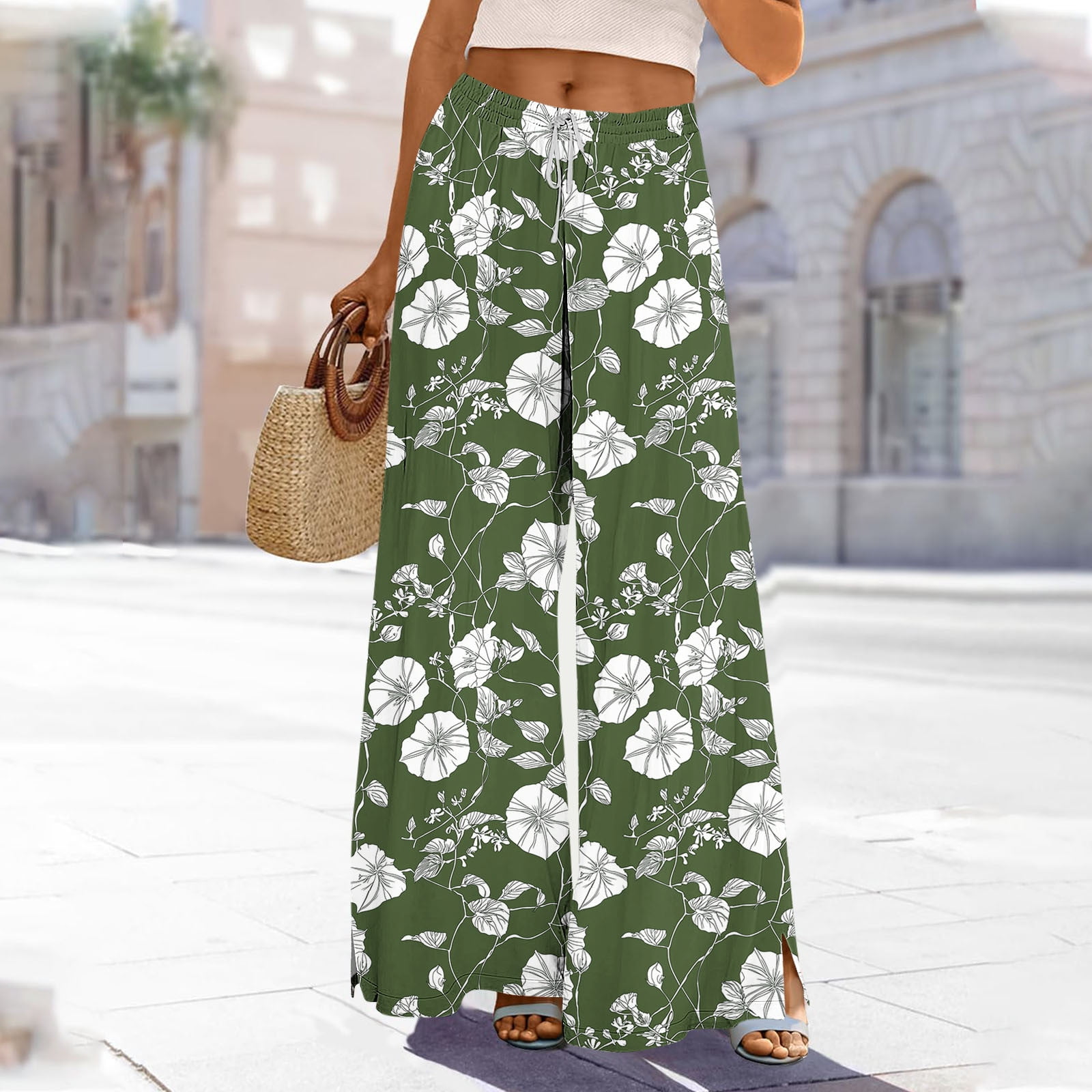 Mceream Pantalon Grand Pour Femmes 2025 Imprimé Floral Taille Élastique Avec Cordon De Serrage Coupe Ample Décontractée Pantalon Long Fluide Grande Taille Pantalon Ample Pour Femme Vert Armée TG