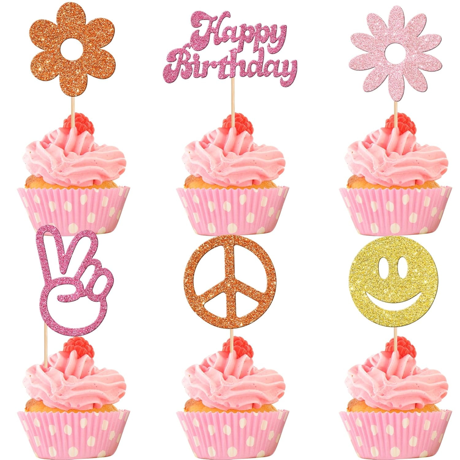 12 Pack Assorted Color Glitter Flower Peace Sign & Happy Birthday Cupcake Toppers Boho Hippie Picks for Birthday Party Cake Decorations Supplies