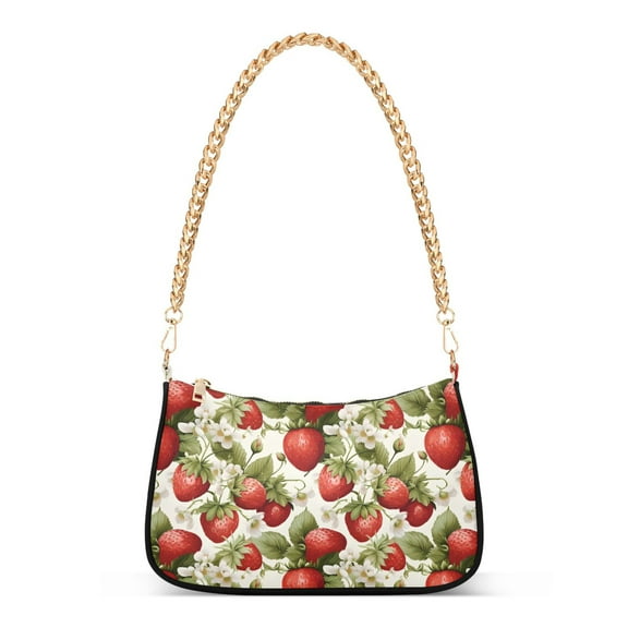 Womens Chain Shoulder Bag Strawberries with Floral Classic Tote Handbags Fashion Clutch Hobo Purse with Zipper for Travel Casual