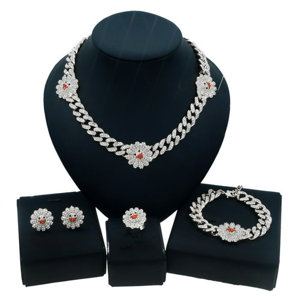 Women's Jewelry Set - Hugs & Kisses XOXO Miami Cuban Link Iced cut 4 Pieces Necklace Set For Women Flower Charm With rhinestone Necklace Bracelet Earrings Ring Real Gold Plated