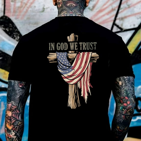 "In God We Trust" T-Shirt – Patriotic American Flag Draped Cross Graphic Tee
