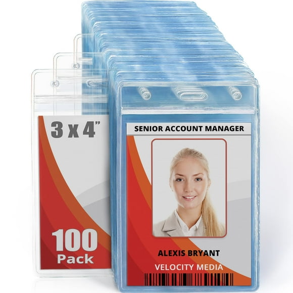 MIFFLIN Large (L) Vertical ID Badge Holders (Clear, 3x4 inch, 100 Pack), Plastic Nametag Covers with Zipper, Name Tag Holder
