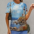 thumbnail image 6 of Lighthouse Sunrise Coast Scenery Pale Blue Tan Women's T-Shirt Short Sleeve T Shirts Tops Tee Ladies Loose T, 6 of 6
