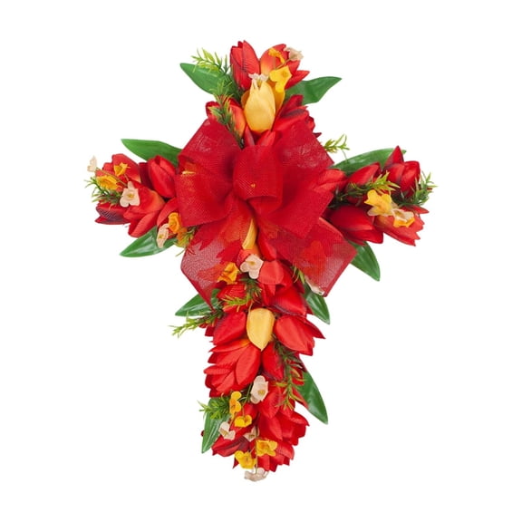 Tulip Crosses Wreath for Home Front Door, 18in Artificial Spring Easter Religious Crosses Wreath Sign Christian Easter Crosses with Tulip Flowers for Indoor Outdoor Easter Decorations Porch Window