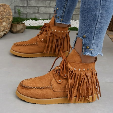 

Women Lace-Up Short Boots Faux Suede Shorts Flat Boots Round Toe Tassel Short Boots Autumn Winter Suede Booties Warm Snow Boots Leisure Shoes