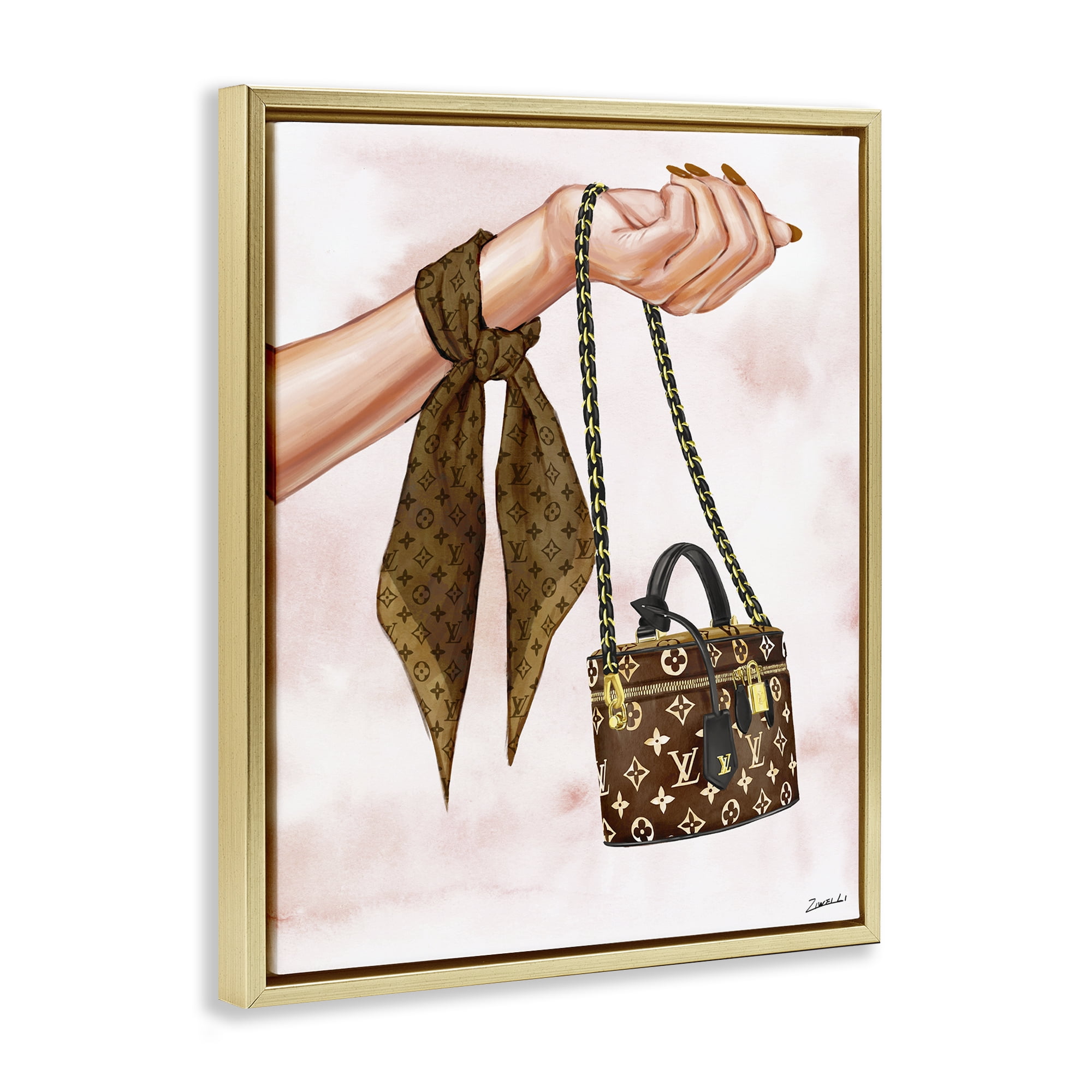 Stupell Industries Trendy Handbag on Wrist Fashion Painting Gold Floater Framed Canvas Art Print Wall Art, 17 x 21