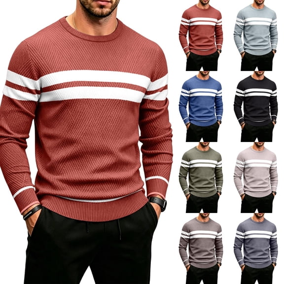 Men's Sweaters Striped Crew Neck Long Sleeve Loose Fit Soft Cozy Lightweight Pullover Sweater Tops