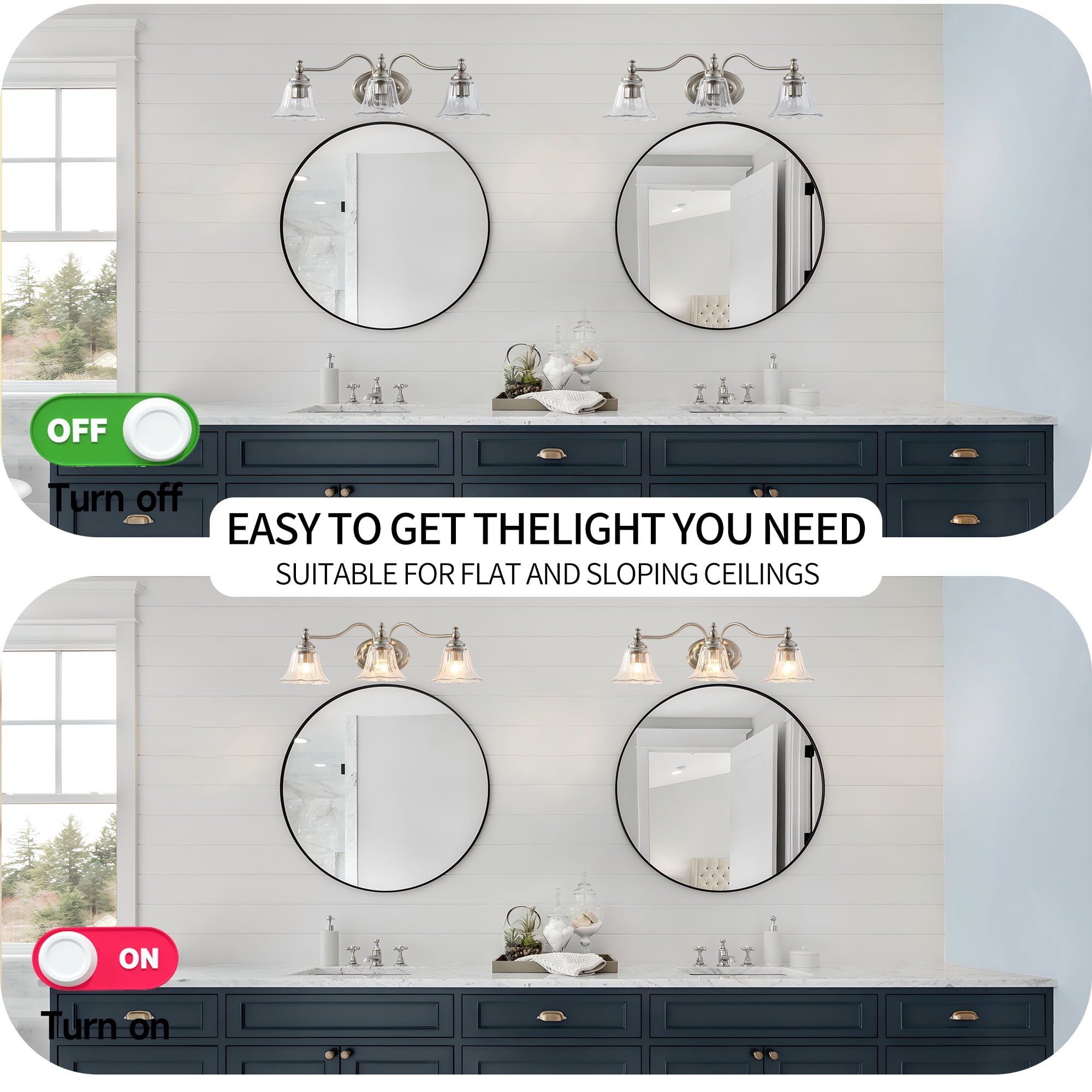 Brushed Nickel Vintage 3-Light Vanity Light, Bathroom Mirror Light with Floral Glass Shades, Farmhouse Wall Sconce for Bedroom