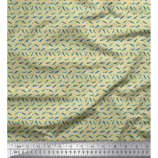 Soimoi Polyester Crepe Fabric Dot & Whale Ocean Decor Fabric Printed Yard 52 Inch Wide