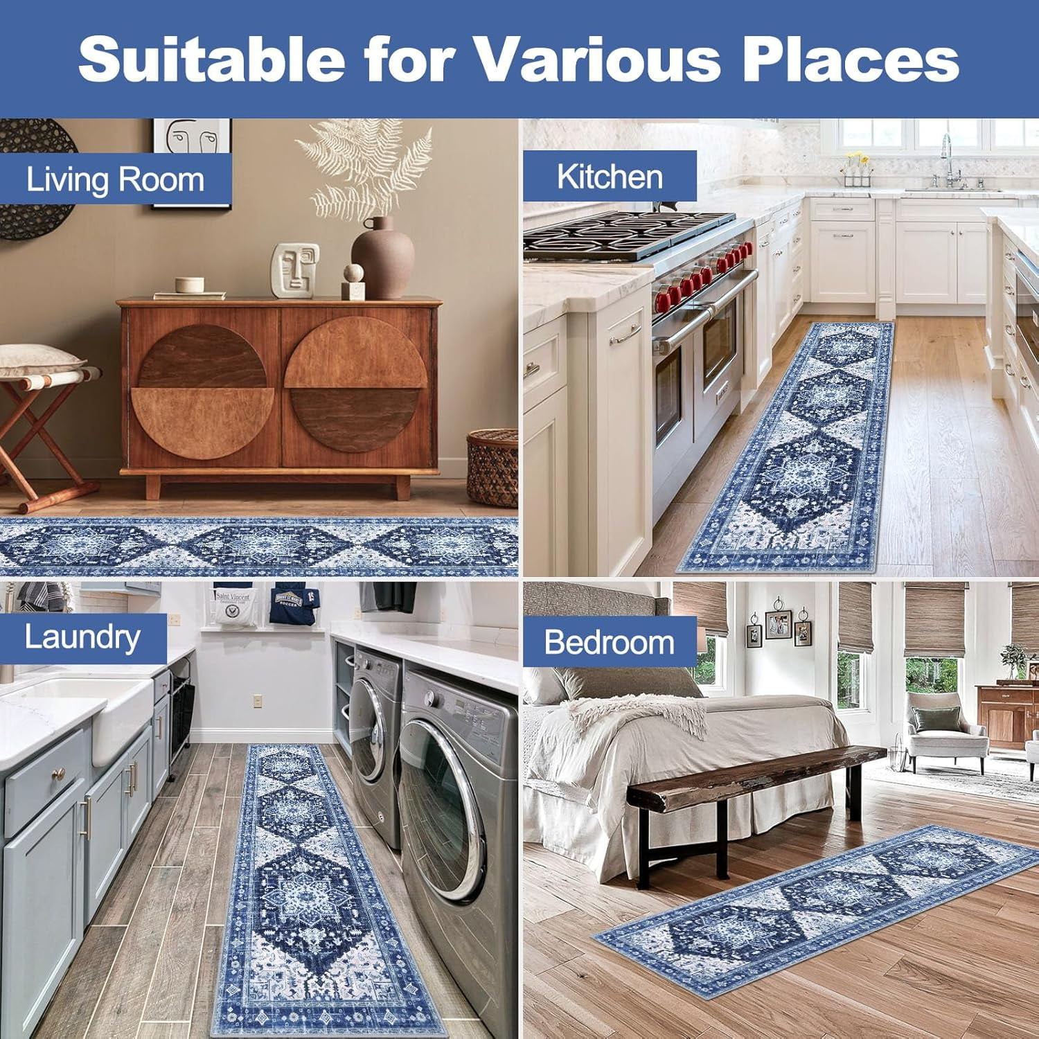 2'x8' Runner Rug for Hallway, Yamaziot Washable Blue Rug Runner with Rubber Backing, Non Slip Vintage Carpet Floor Mat for Bedroom Kitchen Laundry