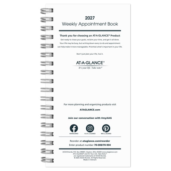 AT-A-GLANCE 2027 Weekly Appointment Book Planner Refill for 70-008 Pocket 3 14 x